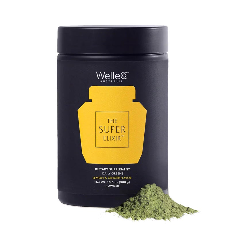 WelleCo The Super Elixir Daily Greens Powder Probiotic Drink Mix with Whole Foods Gluten Free Vegan Gut Health Powder Energy Immunity Healthy Skin Hair Nails 300g Lemon Ginger